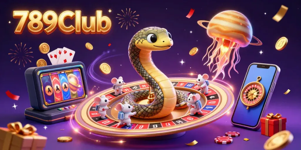 Bet on 789Club with astronaut mice at a cosmic roulette wheel in a vibrant casino scene.