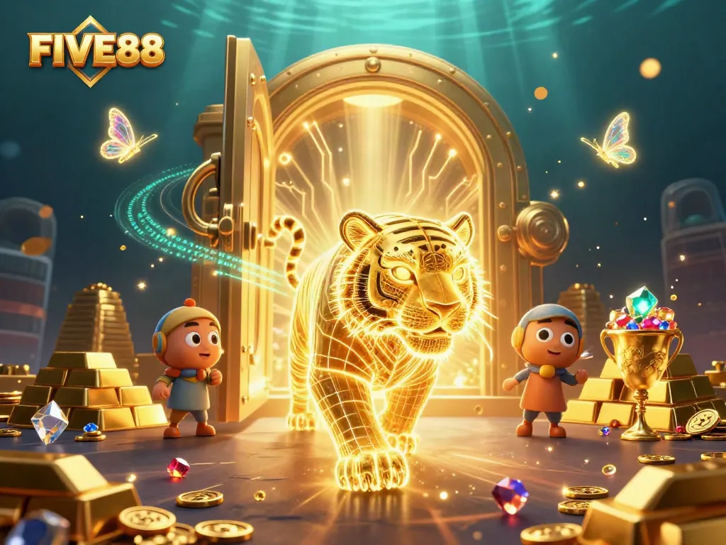 Experience FIVE88 with a glowing tiger in a vibrant casino scene full of treasures.