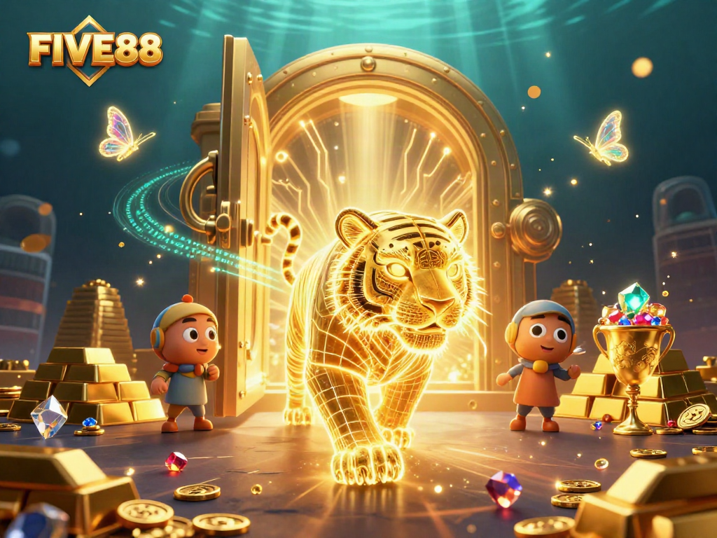 Experience FIVE88 with a glowing tiger in a vibrant casino scene full of treasures.