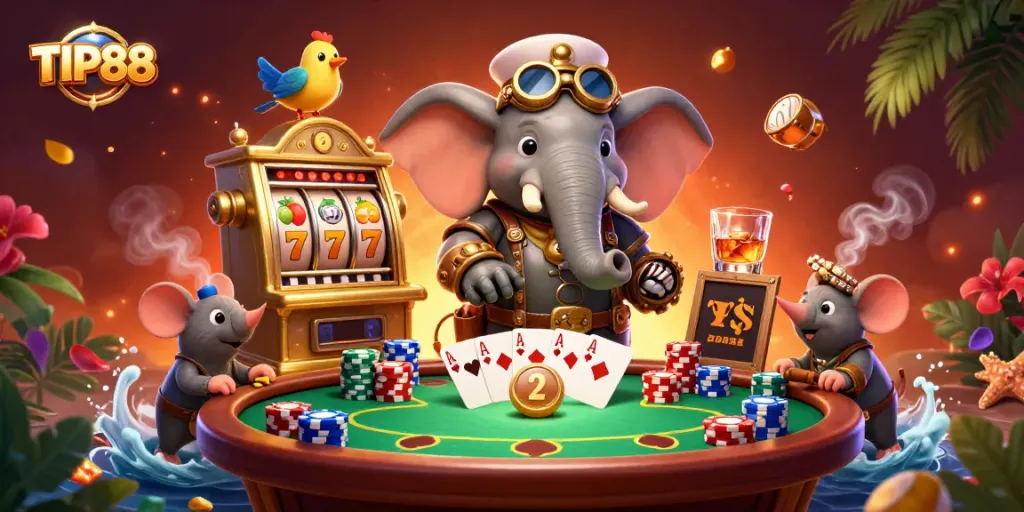 Experience vibrant casino action with TIP88 featuring steampunk elements and golden slot machines.
