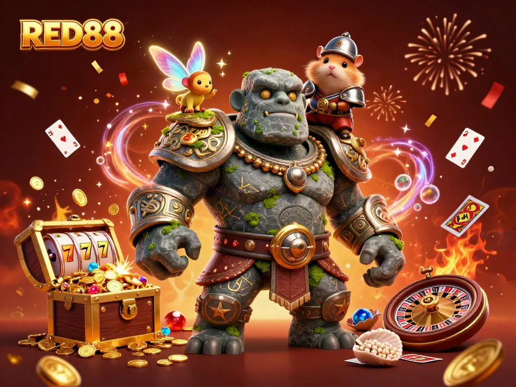 Join the excitement of RED88 with a magical golem, fairy, and hamster knight amid jackpot treasures and casino elements.