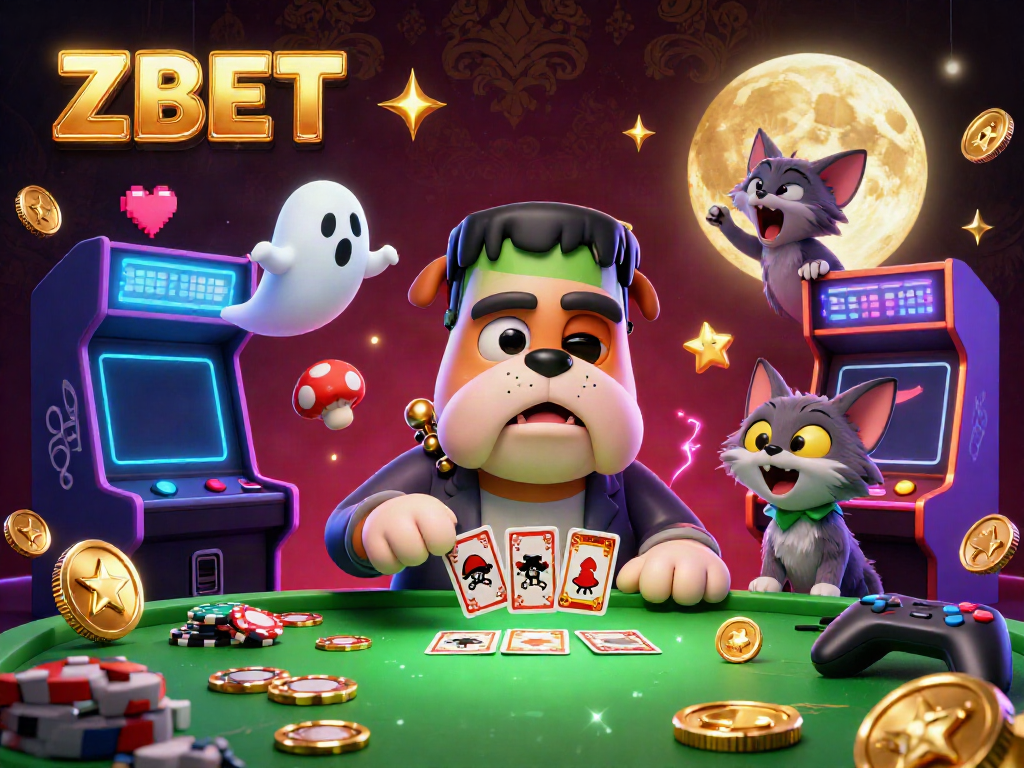 Experience ZBET's thrilling table games with a cartoon monster dealer and a ghost player.