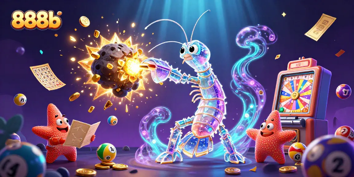 Experience the excitement of 888b with a glimmering 3D scene of games, treasures, and vibrant energy.