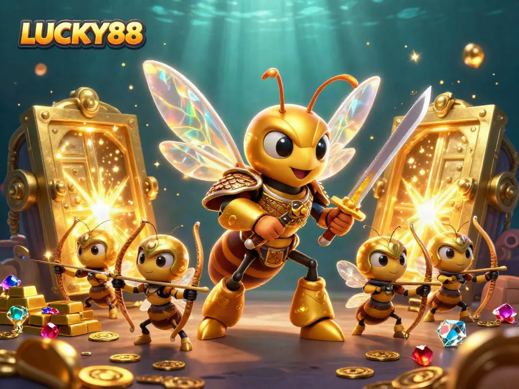 Join the excitement at LUCKY88 casino, featuring vibrant characters and treasures in a dynamic illustrative scene.