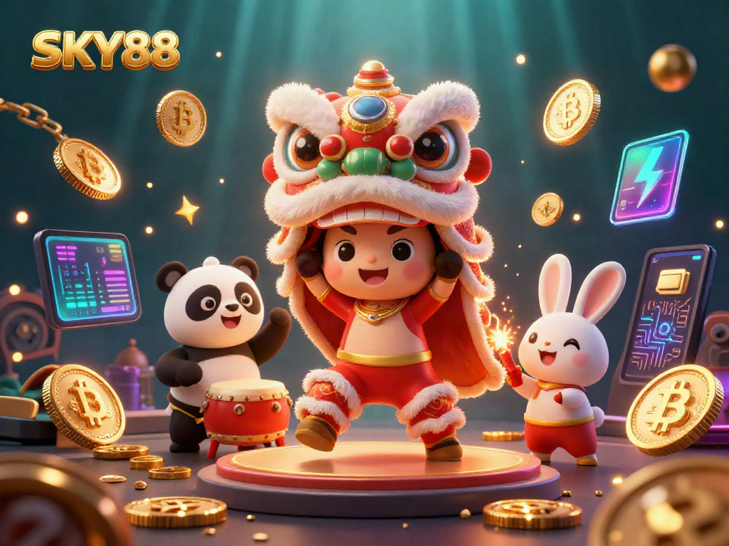 Engage in vibrant gaming adventures with SKY88's lion dance celebration surrounded by crypto coins and slot elements.