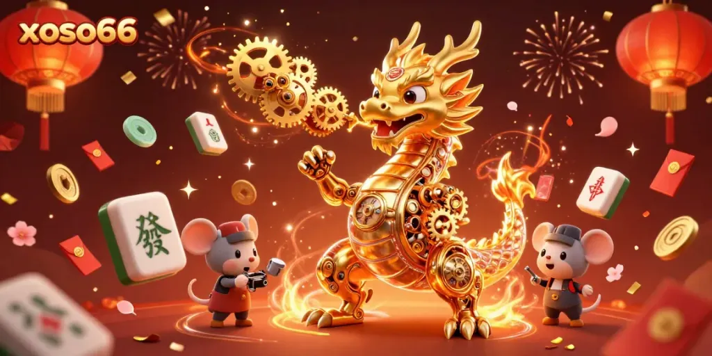 Experience excitement at xoso66 with a vibrant dragon and casino elements in a dynamic digital illustration.