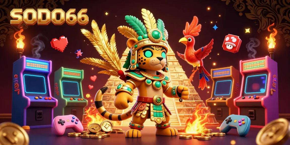 SODO66 showcases an exciting Mayan-themed casino gaming scene with vibrant characters and arcade elements.