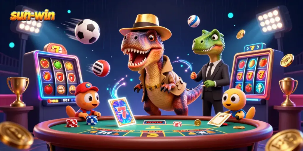 Playing at the sun-win casino: a cartoon velociraptor sneaks chips while a stegosaurus watches nearby.