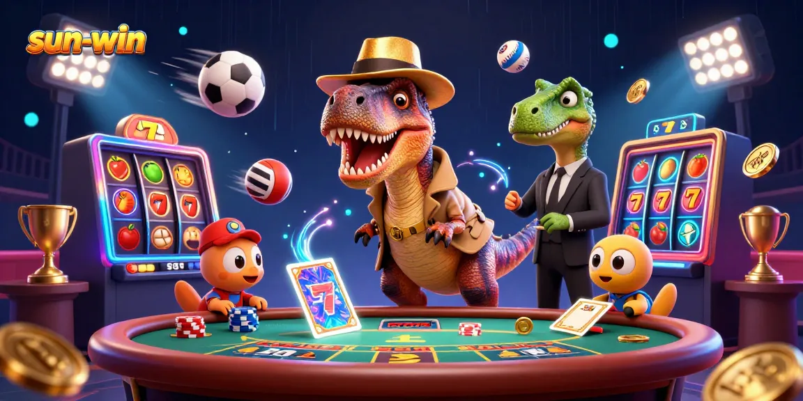 Playing at the sun-win casino: a cartoon velociraptor sneaks chips while a stegosaurus watches nearby.
