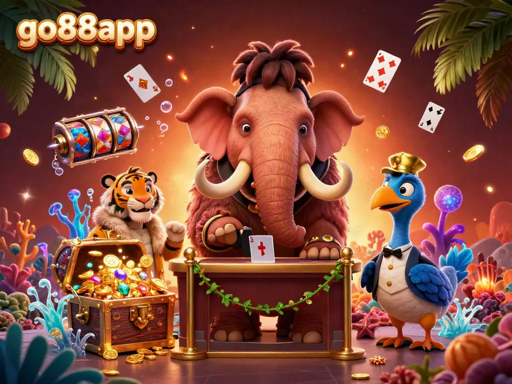 Experience excitement with go88app as a woolly mammoth bouncer greets players at a vibrant casino.