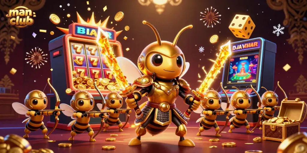 Win big with man-club's vibrant casino scene filled with golden hornets and slot machines.