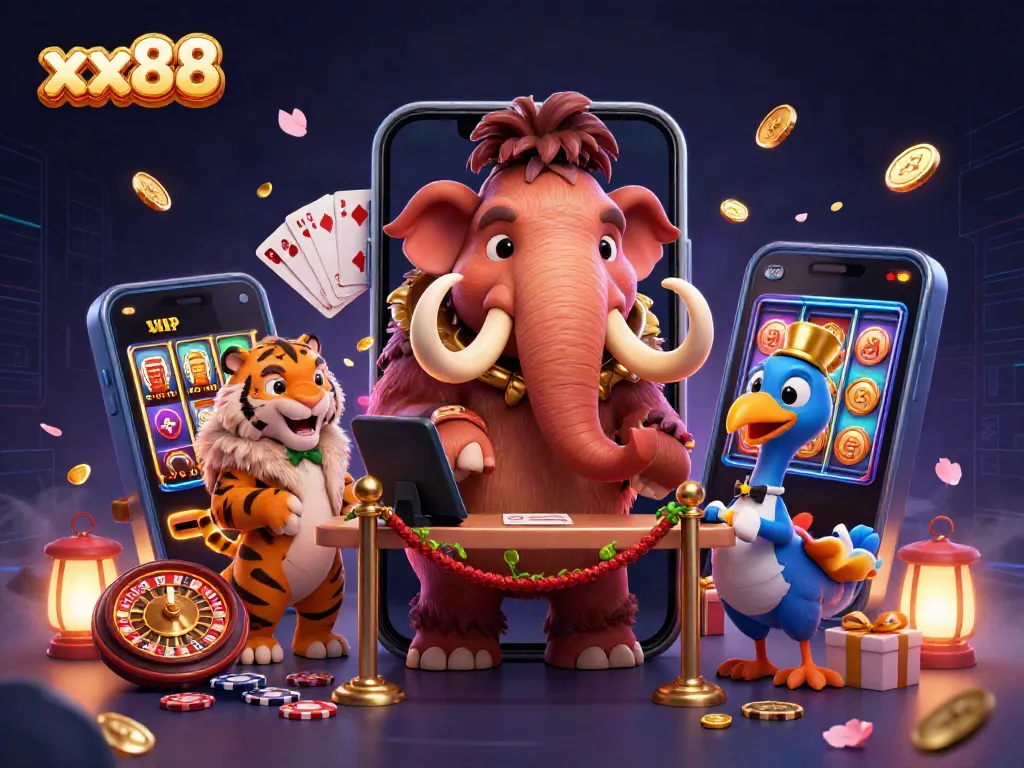 xx88 vibrant casino scene with cartoon characters enjoying gaming elements and festive decor