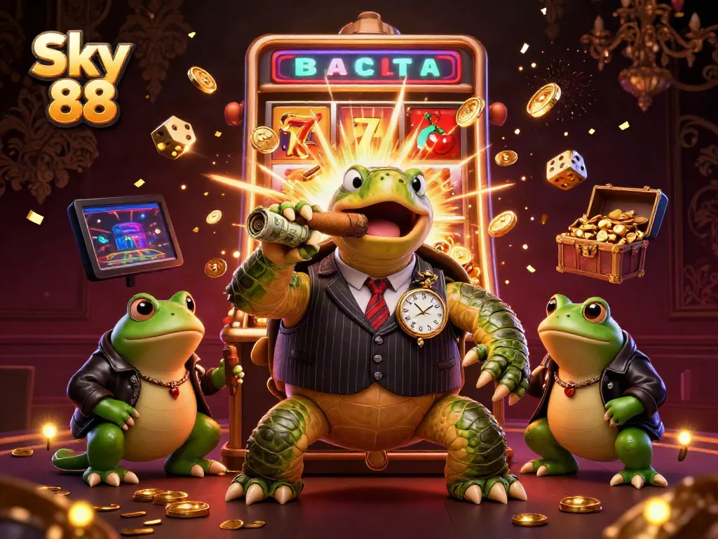 Experience thrilling gameplay at Sky 88 with cartoon characters in a vibrant casino scene, showcasing jackpots and excitement.