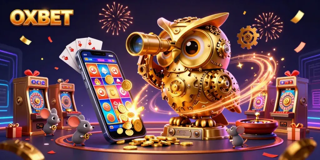 Experience OXBET's excitement with a golden owl overseeing a vibrant casino filled with action.