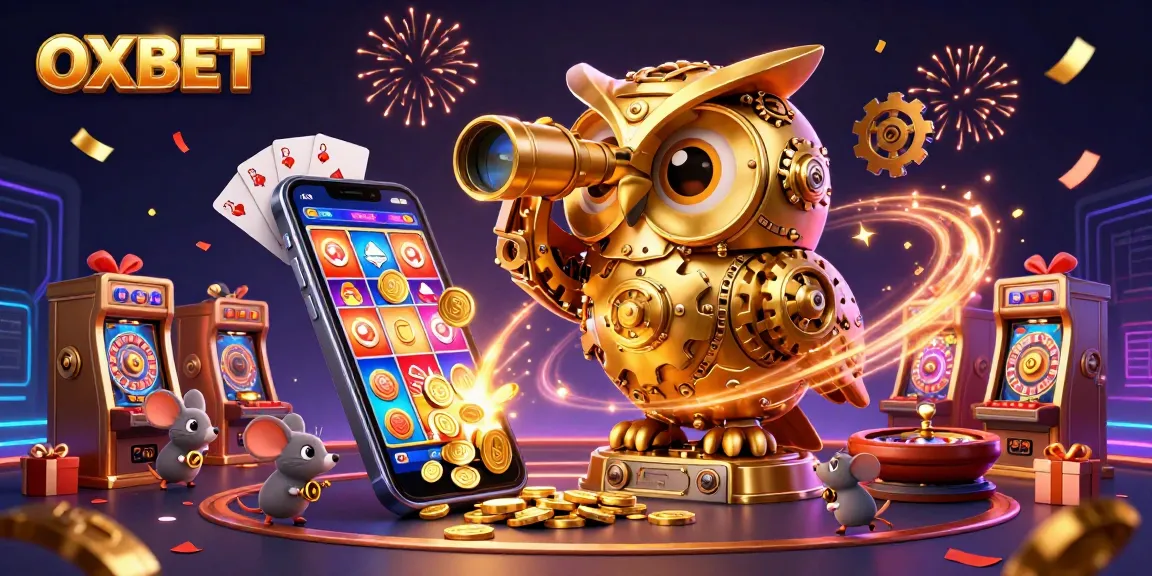 Experience OXBET's excitement with a golden owl overseeing a vibrant casino filled with action.