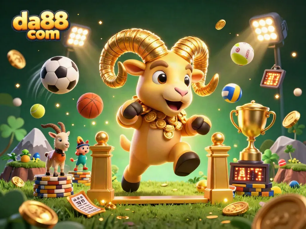 Bettors engage with da88 com featuring a golden ram charging toward a golden gate amidst dynamic sports elements.