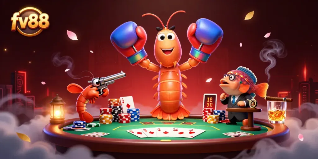 Experience thrilling poker action with fv88 in this colorful casino scene featuring animated characters.