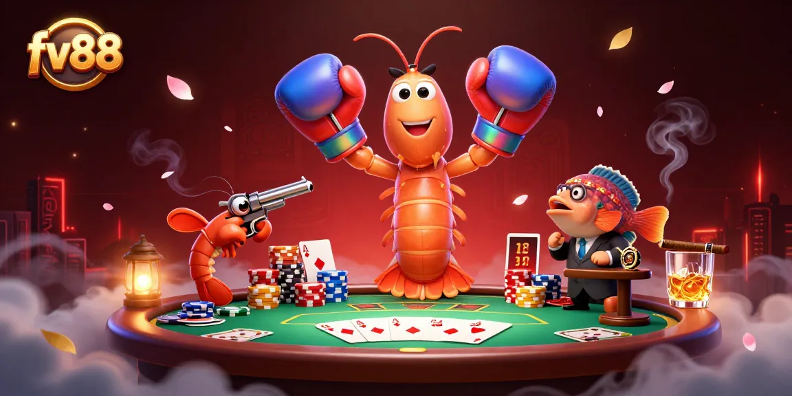 Experience thrilling poker action with fv88 in this colorful casino scene featuring animated characters.