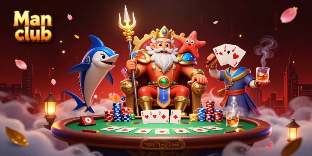 Engaging 3D scene of Man club showcasing casino elements with sea king Neptune and samurai, poker dynamics.