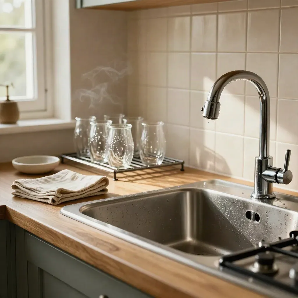 Deep-cleaned kitchen sink, polished hob, sparkling glassware, and water beading on chrome taps.