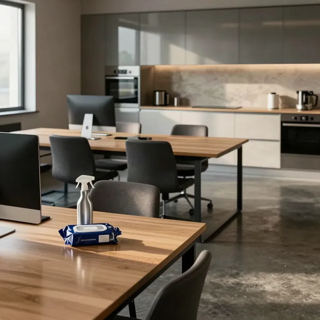 Spotless office desks, aligned chairs, wipes and a gleaming kitchenette in cinematic light.