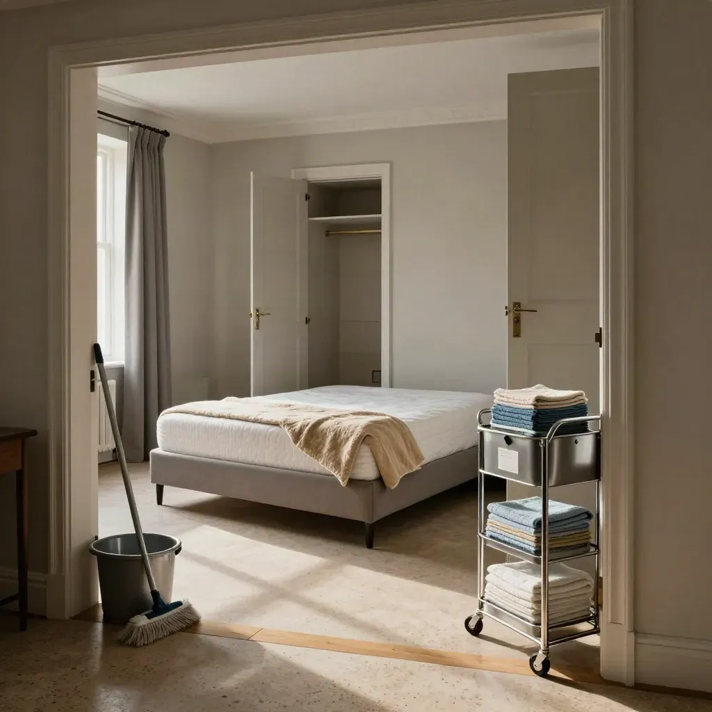 Checkout-ready bedroom with open wardrobes, bare mattress, and a cleaning kit by the door.
