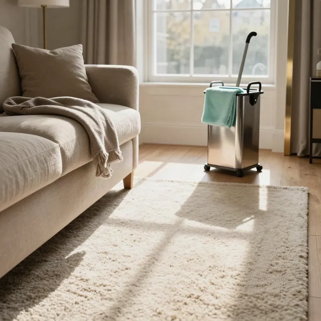 Sunlit London living room with vacuum lines, sofa throw, and a cleaning caddy by the door.