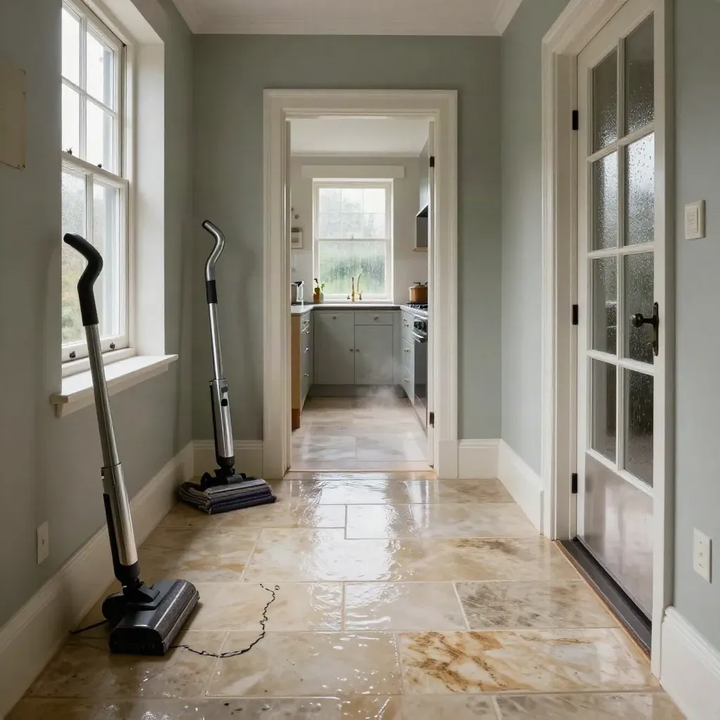 Georgian hallway and kitchen after a deep clean, with vacuum, spray bottle, and morning light.
