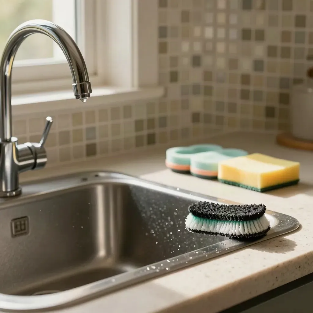 Wet chrome sink, stovetop edge, and citrus scrub pads glistening in a bright kitchen.