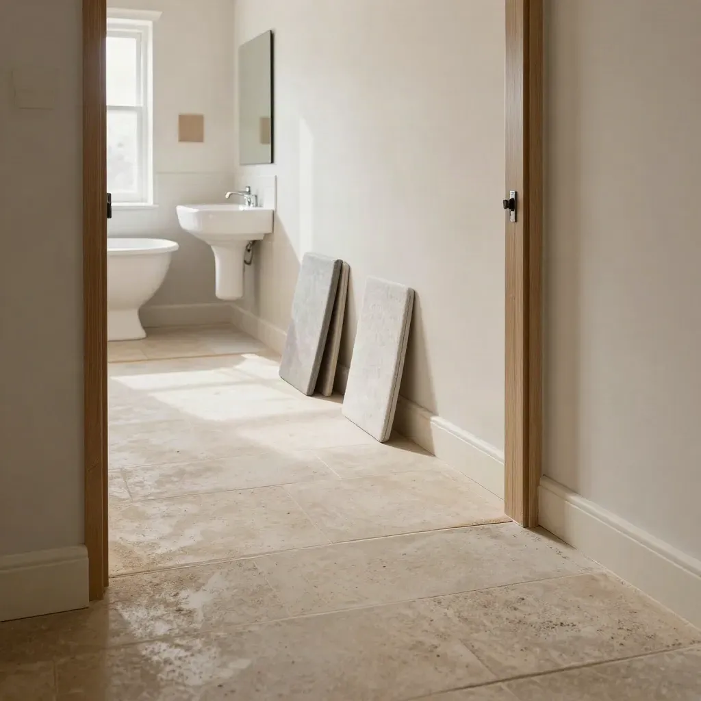 Low doorway view of a freshly cleaned unfurnished flat, chrome bathroom fixtures, and felt pads by the skirting.