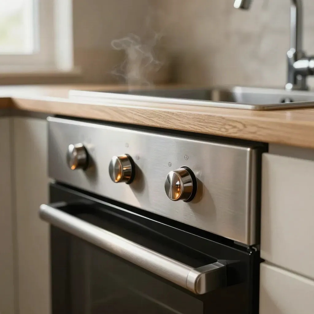 Macro of a cleaned Hackney flat kitchen: polished tap, oven front, pale shelf edges and warm window haze.