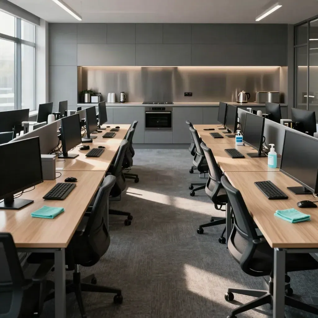 Reset office floor with 24 desks, dark monitors, aligned chairs, and a glowing kitchenette.