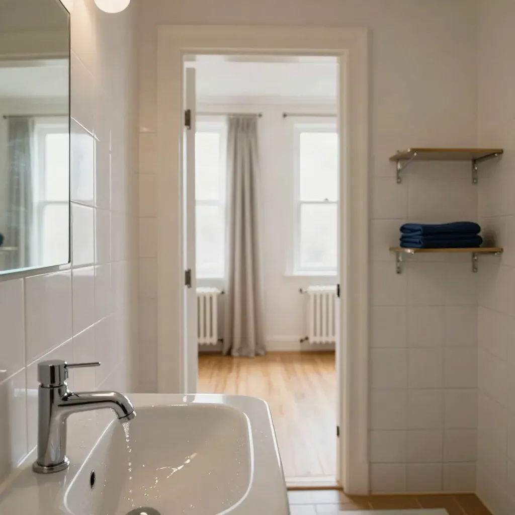 Freshly scrubbed bathroom chrome and dust-free radiator shelves in an inspection-ready rental flat.