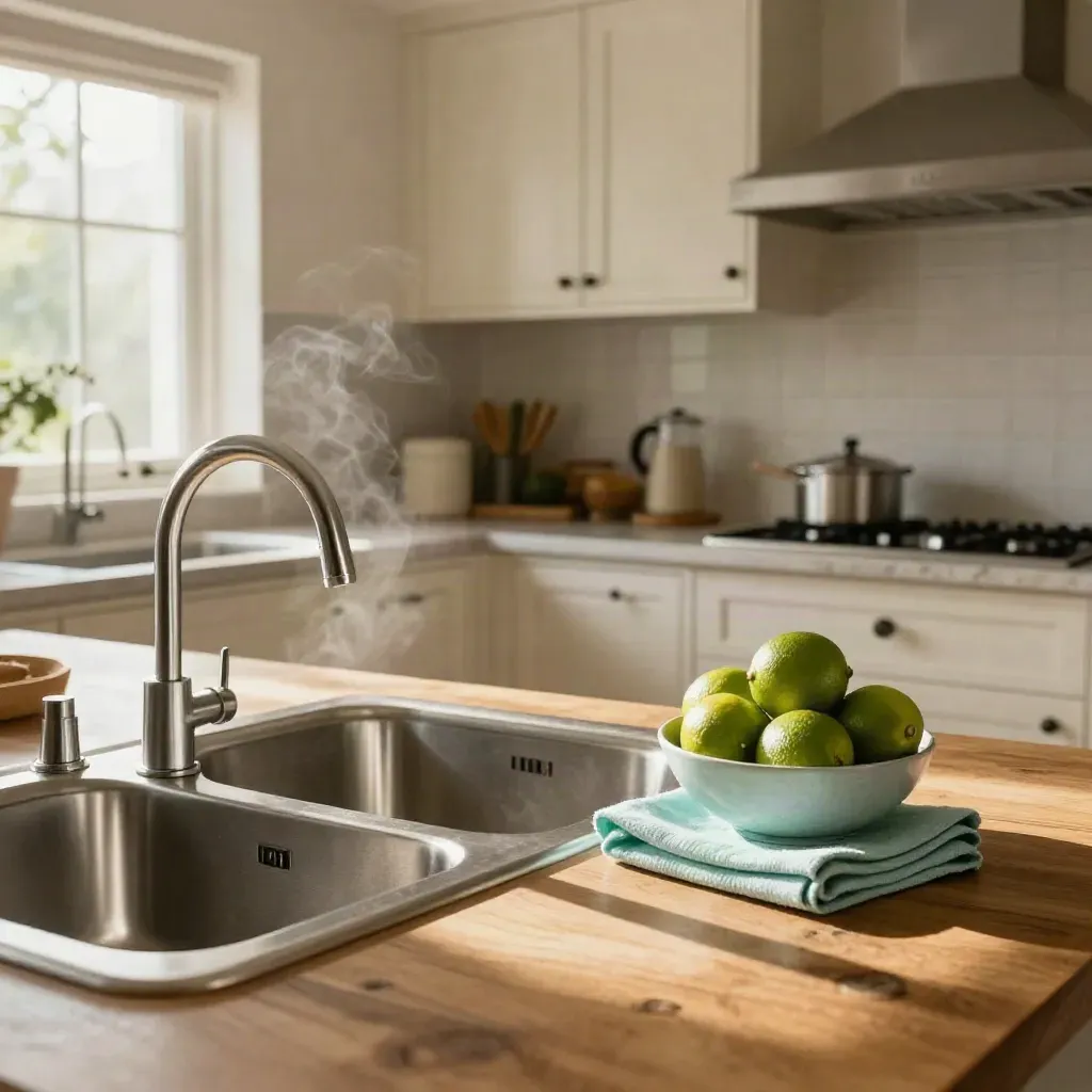 Freshly cleaned family kitchen sink, cooker hood and limes on a warm counter with daylight