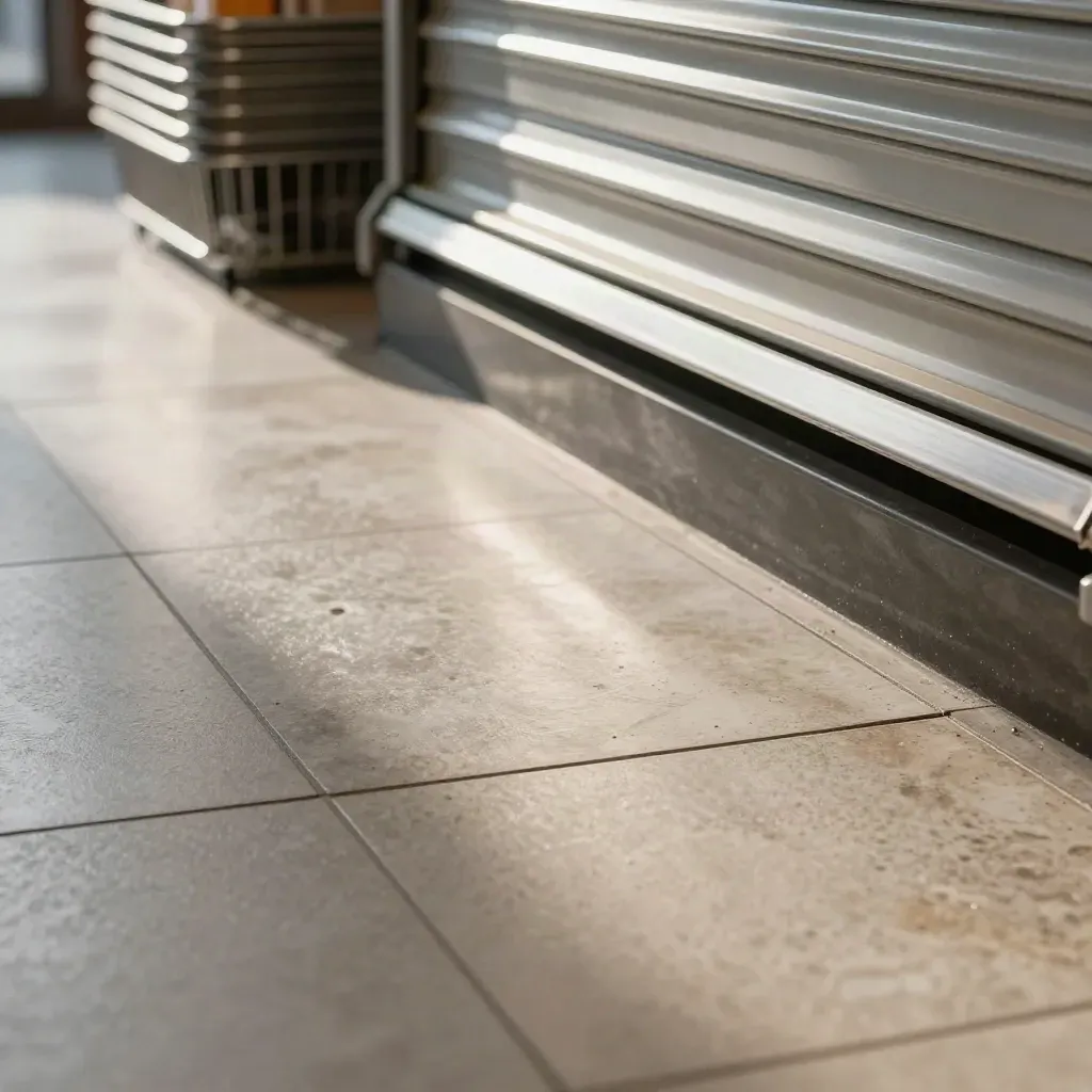 Polished retail tiles, stacked baskets and closed shutters in dawn light