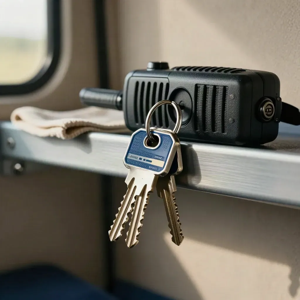Macro still life of key ring, site tags and two-way radio on a van shelf