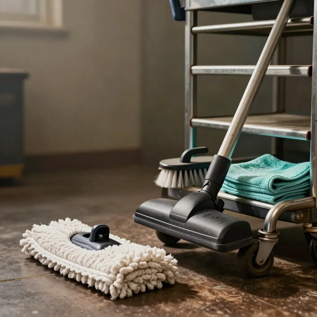 Mop, pole, grout brush and vacuum wand on a utility trolley in dramatic cleaning-studio light.