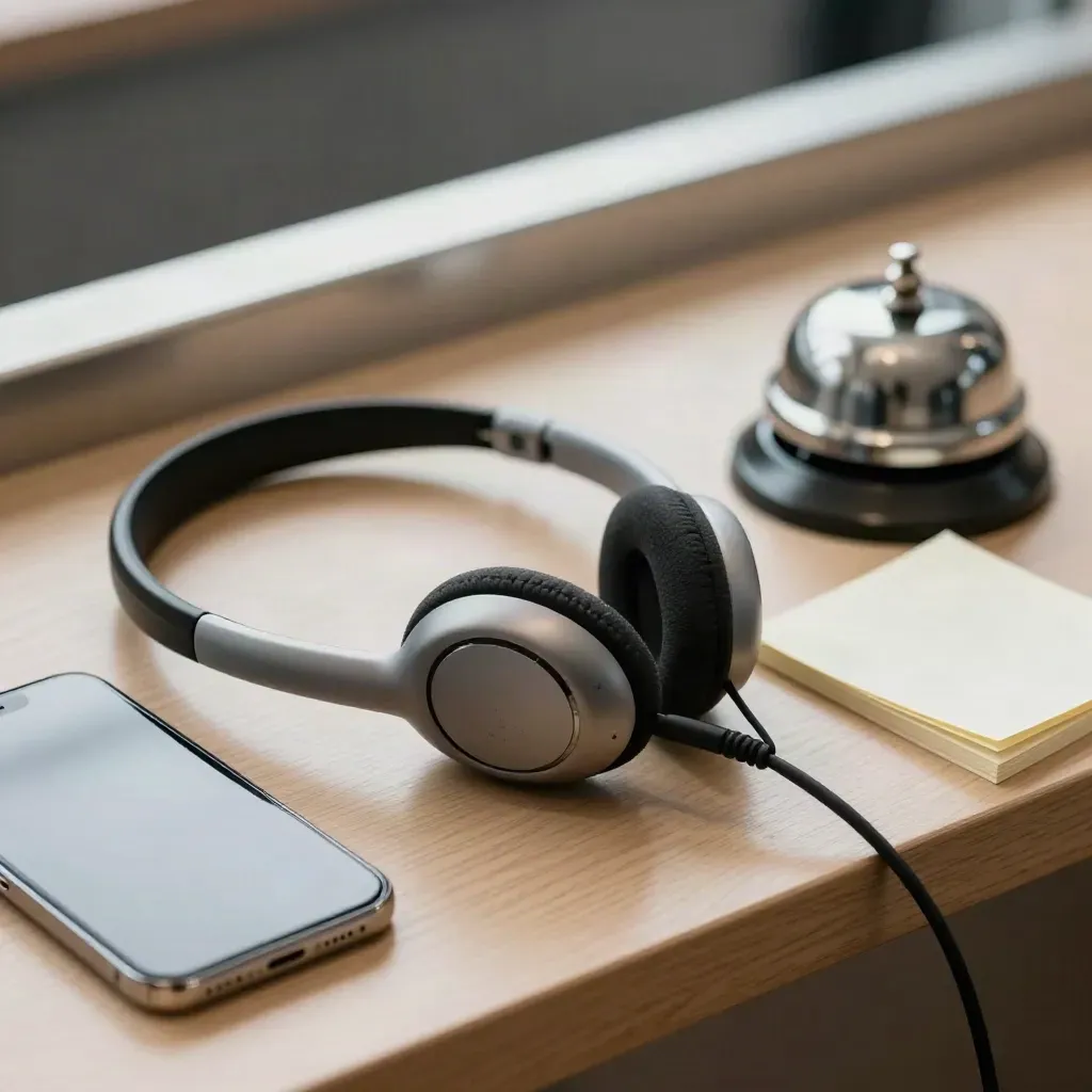 Macro of a headset, silent phone, bell and face-down cards on a reception ledge