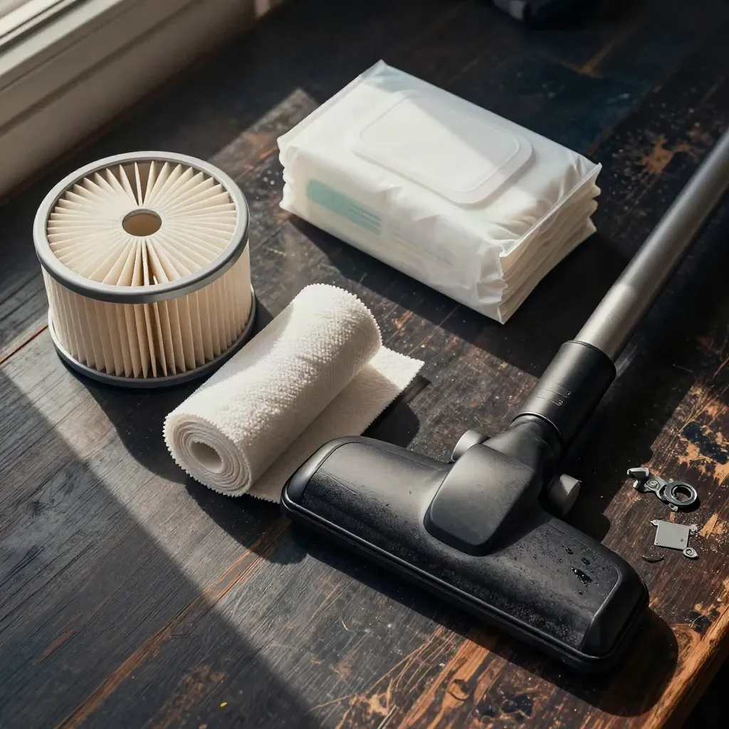 Top-down office cleaning kit: filter, wipes, cloth roll and floor nozzle on a dark workbench.