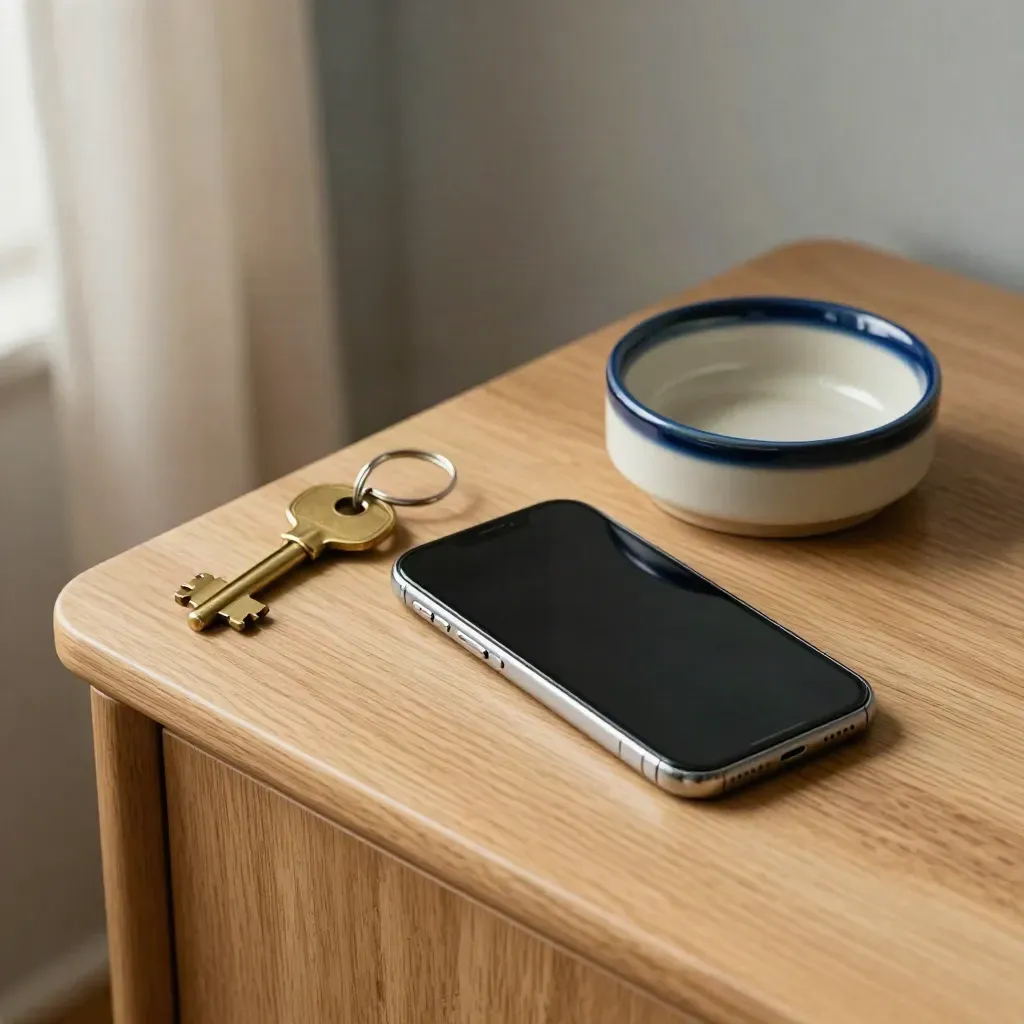House key, blank-screen phone and ceramic catchall on pale wood in soft side light.