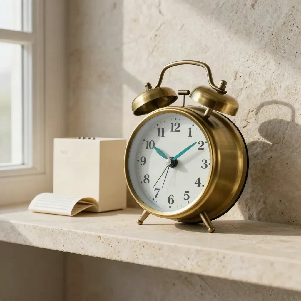 Brass alarm clock with calendar cube and receipt tray on a pale stone shelf