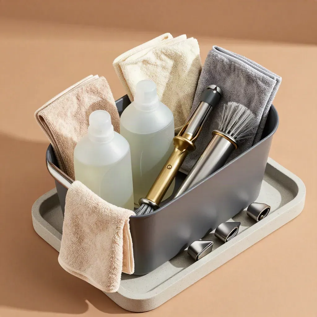 Top-down cleaning caddy with cloths, bottles, brush and vacuum attachments on stone tray