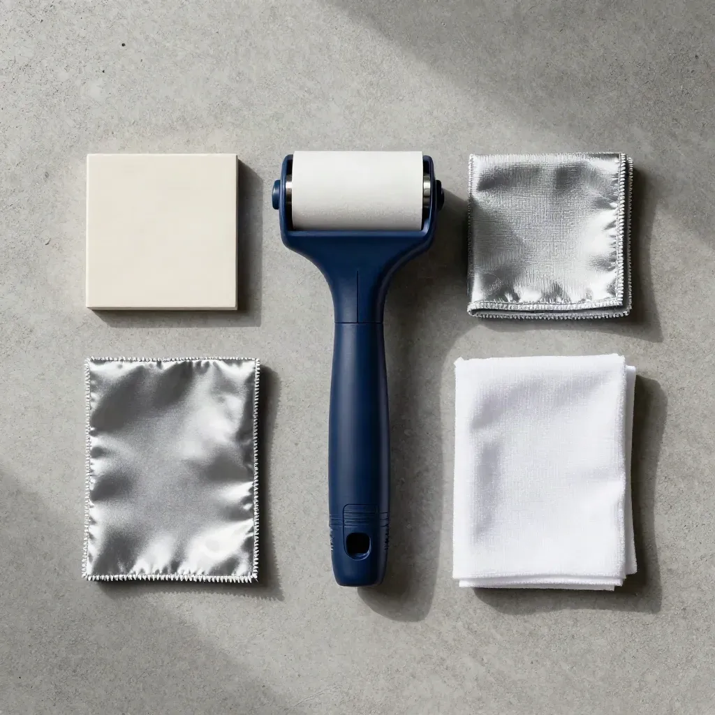 Overhead cleaning final-check kit with torch, lint roller, cloth and skirting sample on concrete.