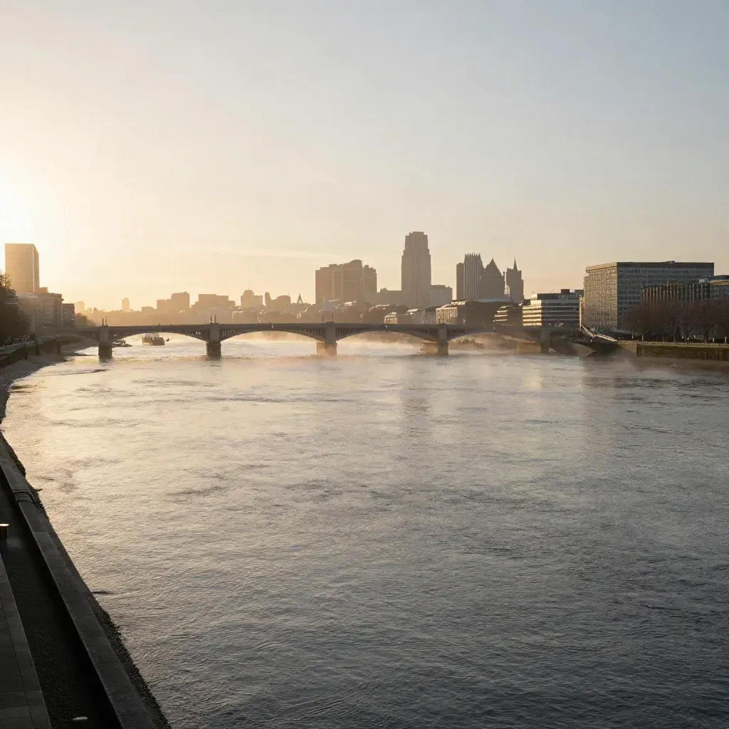 London skyline over the Thames at sunrise with mist and bridges