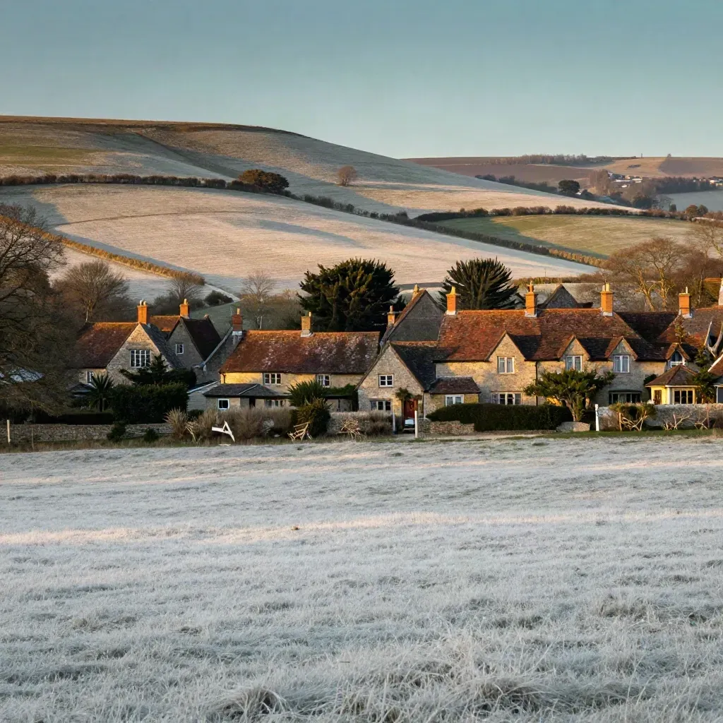 Golden-hour Surrey downs with village edge, chalk fields, hedgerows, and open misty foreground.