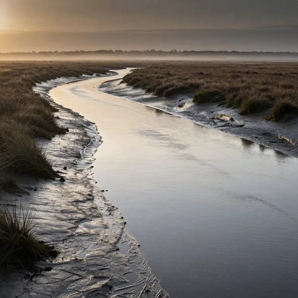 Blue-hour Essex marshland with a reflective estuary channel and misty open flats