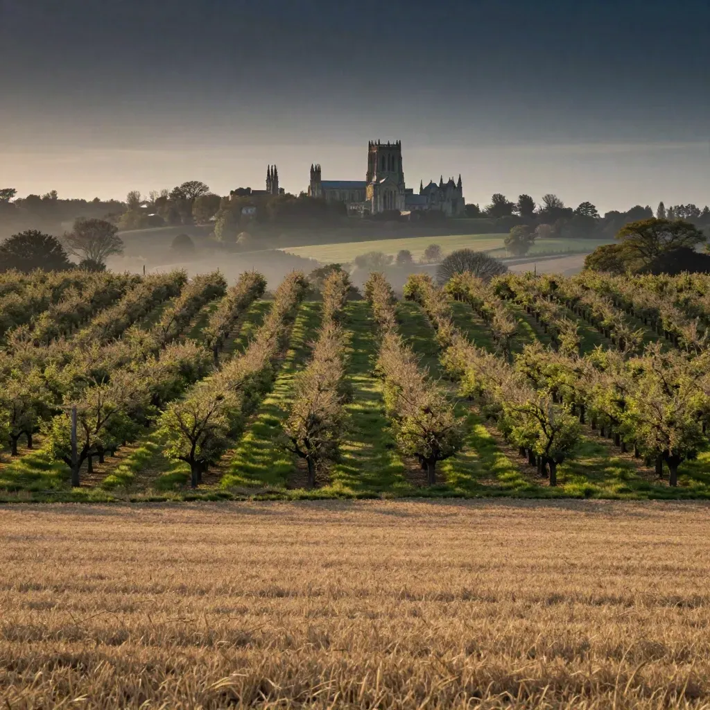 Kent orchards and a distant cathedral ridge above a calm misty field