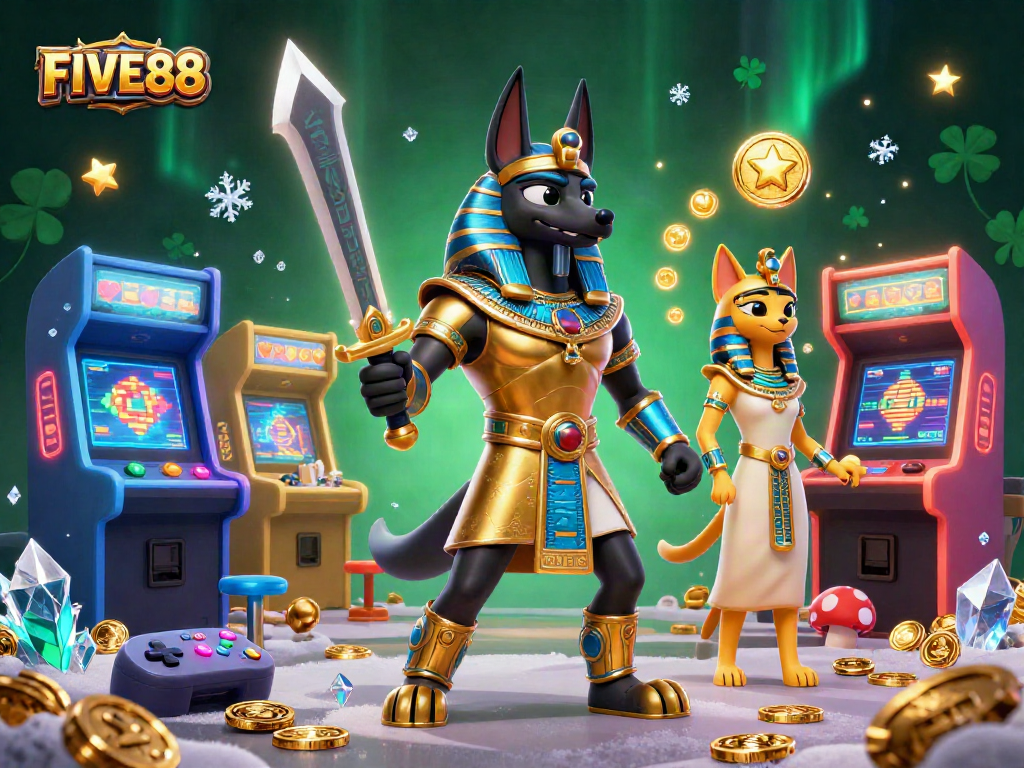 Experience FIF88's vibrant casino adventure with Anubis and Bastet amidst neon gaming elements.