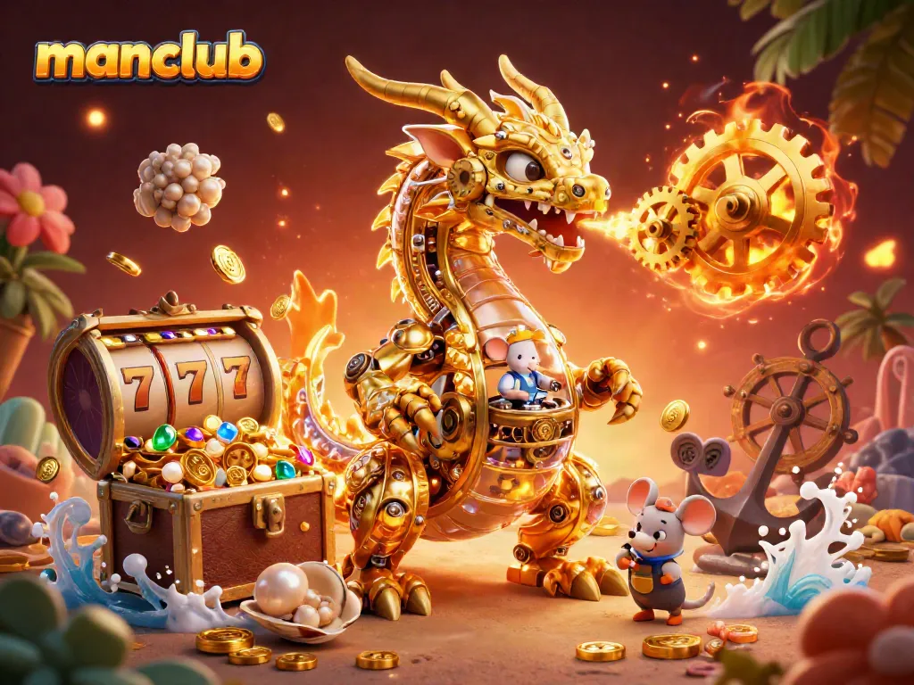 Win big at manclub with immersive slot games illustrated by a golden dragon and treasures.
