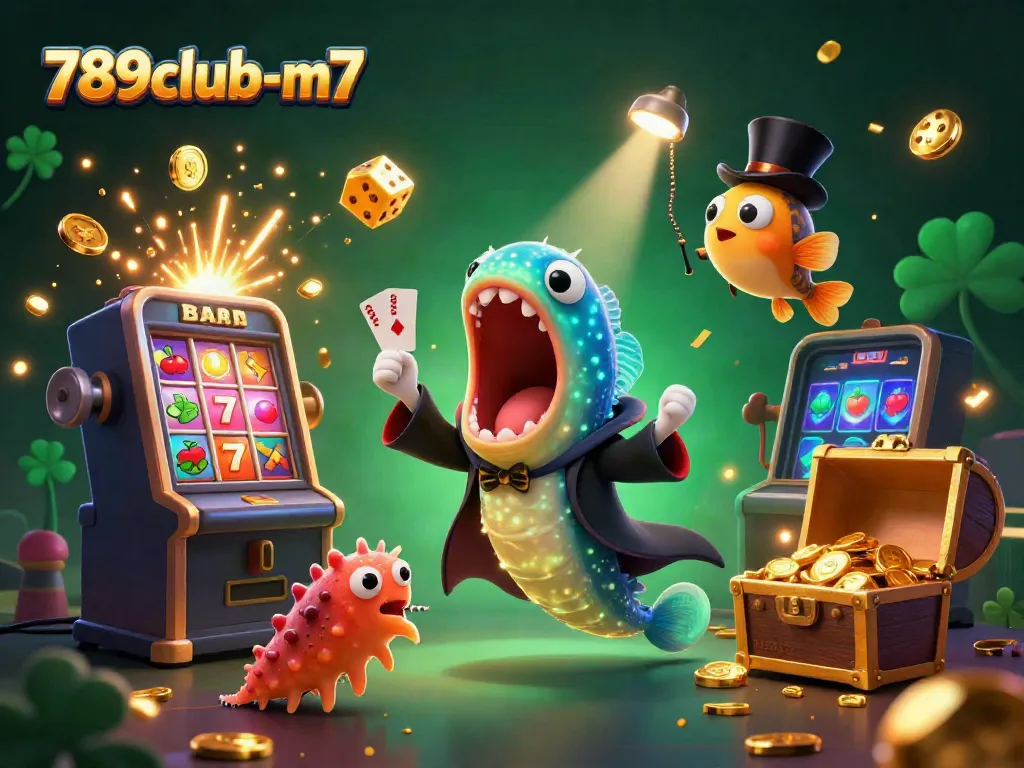 Experience the excitement of 789club-m7 with vibrant casino-themed 3D art featuring animated sea creatures.
